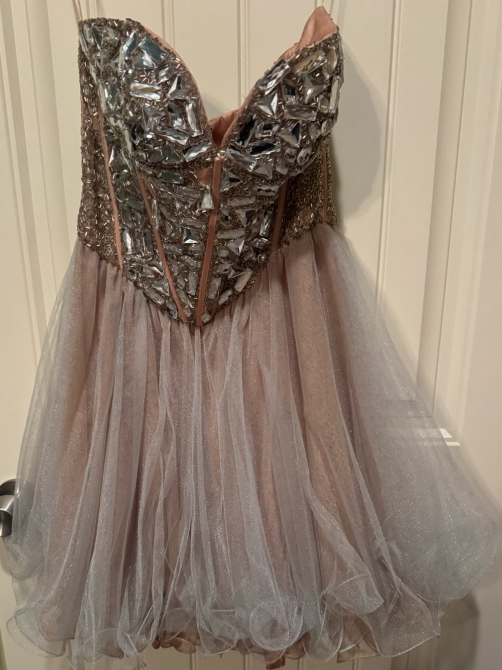 Sherri Hill Sparkling Rose Gold Tulle Party Dress with Bejeweled Strapless Top